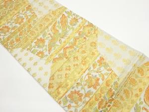 切り嵌め風変わり横段に花唐草・孔雀模様織出し袋帯